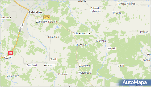 mapa Olszanka gmina Zabłudów, Olszanka gmina Zabłudów na mapie Targeo