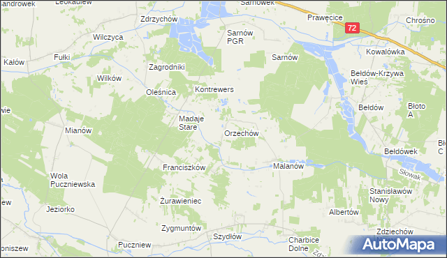 mapa Orzechów gmina Lutomiersk, Orzechów gmina Lutomiersk na mapie Targeo