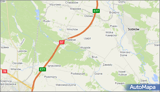 mapa Wygoda gmina Jędrzejów, Wygoda gmina Jędrzejów na mapie Targeo