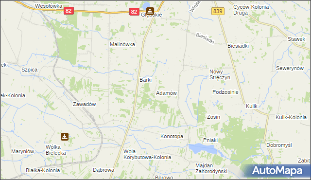 mapa Adamów gmina Cyców, Adamów gmina Cyców na mapie Targeo