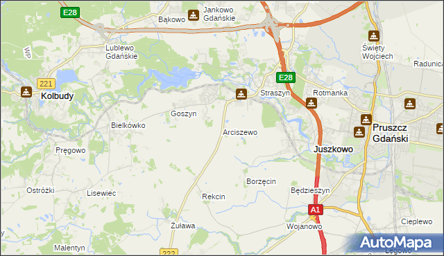 mapa Arciszewo gmina Pruszcz Gdański, Arciszewo gmina Pruszcz Gdański na mapie Targeo