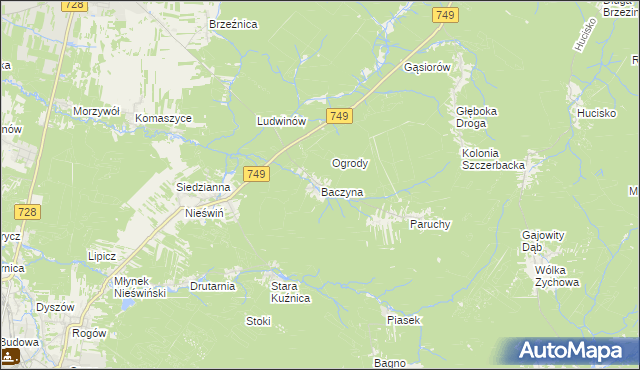 mapa Baczyna gmina Końskie, Baczyna gmina Końskie na mapie Targeo