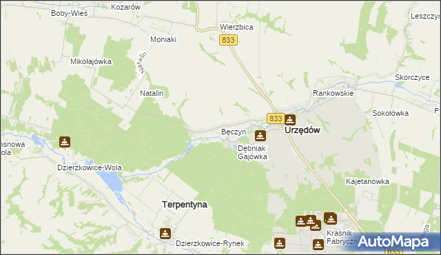 mapa Bęczyn gmina Urzędów, Bęczyn gmina Urzędów na mapie Targeo