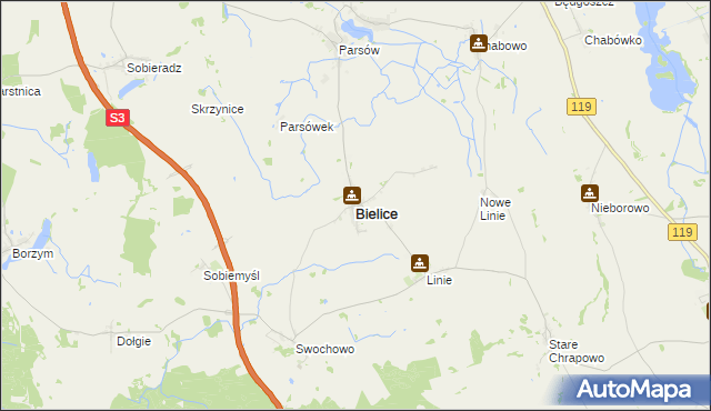 mapa Bielice powiat pyrzycki, Bielice powiat pyrzycki na mapie Targeo