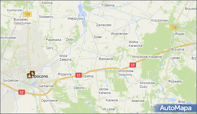 mapa Bielowice gmina Opoczno, Bielowice gmina Opoczno na mapie Targeo