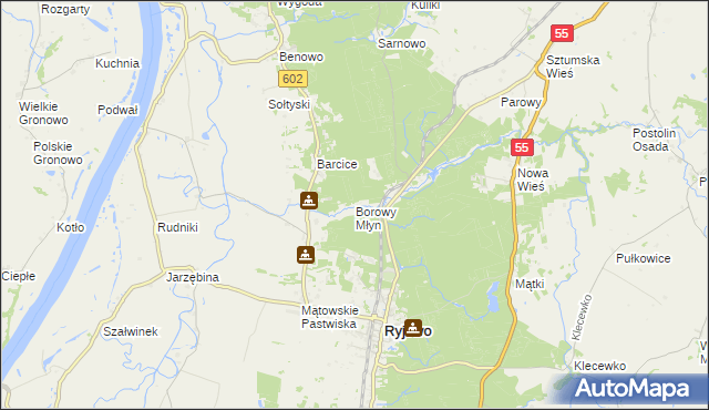 mapa Borowy Młyn gmina Ryjewo, Borowy Młyn gmina Ryjewo na mapie Targeo