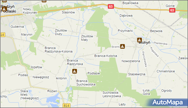 mapa Branica-Kolonia gmina Wohyń, Branica-Kolonia gmina Wohyń na mapie Targeo