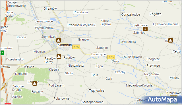 mapa Brończyce gmina Słomniki, Brończyce gmina Słomniki na mapie Targeo