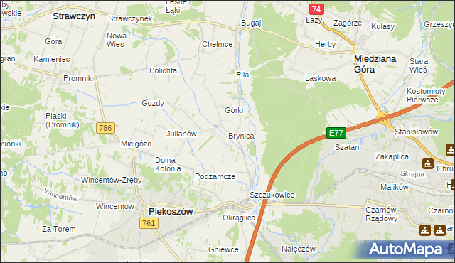 mapa Brynica gmina Piekoszów, Brynica gmina Piekoszów na mapie Targeo