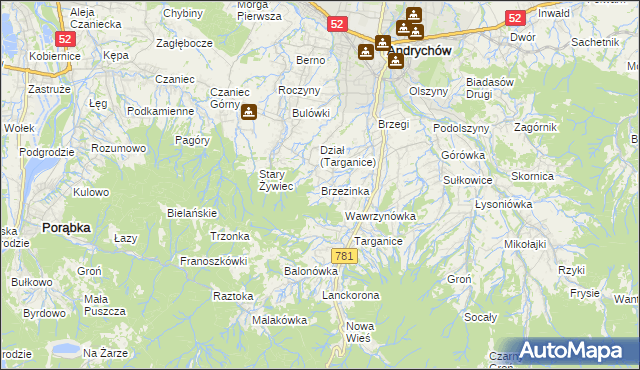 mapa Brzezinka gmina Andrychów, Brzezinka gmina Andrychów na mapie Targeo