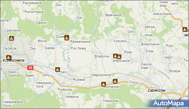 mapa Brzezinka gmina Zabierzów, Brzezinka gmina Zabierzów na mapie Targeo