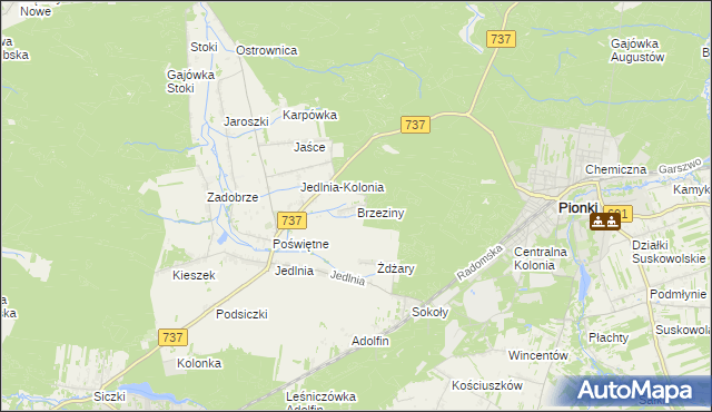 mapa Brzeziny gmina Pionki, Brzeziny gmina Pionki na mapie Targeo