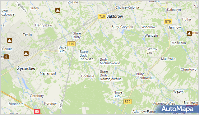 mapa Budy Michałowskie gmina Jaktorów, Budy Michałowskie gmina Jaktorów na mapie Targeo