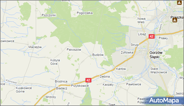 mapa Budzów gmina Gorzów Śląski, Budzów gmina Gorzów Śląski na mapie Targeo