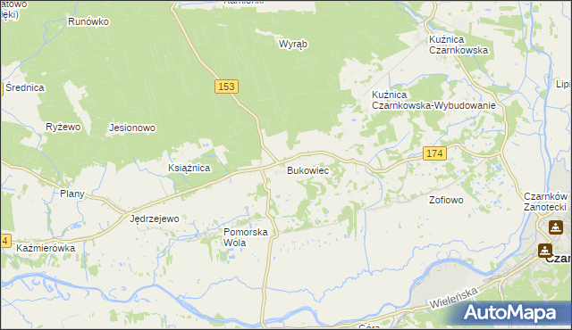 mapa Bukowiec gmina Czarnków, Bukowiec gmina Czarnków na mapie Targeo