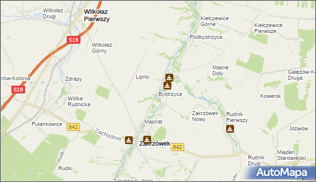 mapa Bystrzyca gmina Zakrzówek, Bystrzyca gmina Zakrzówek na mapie Targeo