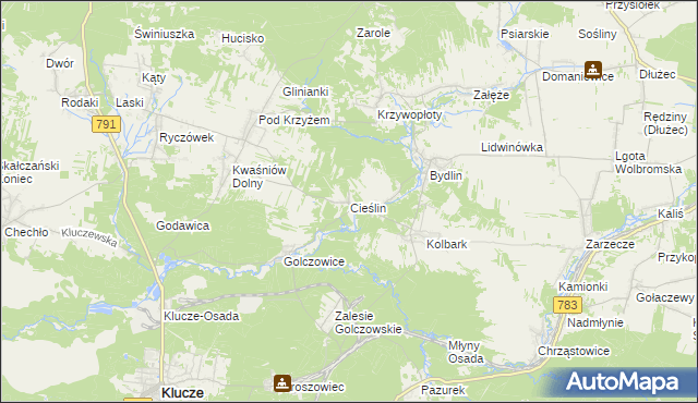 mapa Cieślin gmina Klucze, Cieślin gmina Klucze na mapie Targeo
