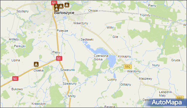 mapa Czerwona Górka gmina Bartoszyce, Czerwona Górka gmina Bartoszyce na mapie Targeo