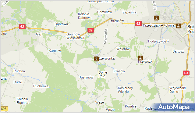 mapa Czerwonka gmina Sokołów Podlaski, Czerwonka gmina Sokołów Podlaski na mapie Targeo