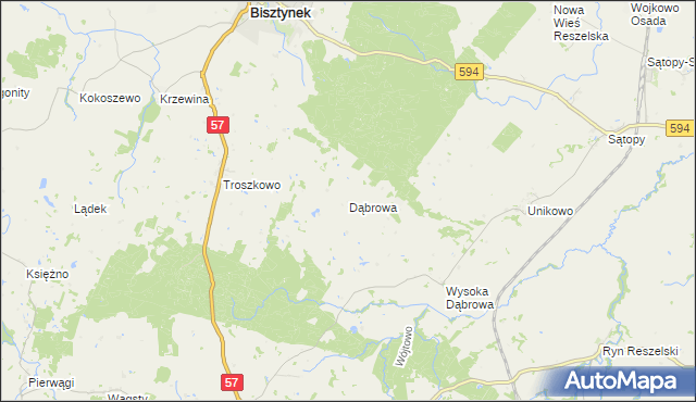 mapa Dąbrowa gmina Bisztynek, Dąbrowa gmina Bisztynek na mapie Targeo