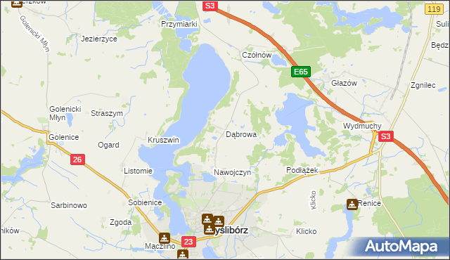 mapa Dąbrowa gmina Myślibórz, Dąbrowa gmina Myślibórz na mapie Targeo