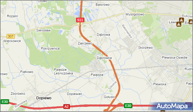 mapa Dąbrówka gmina Dopiewo, Dąbrówka gmina Dopiewo na mapie Targeo