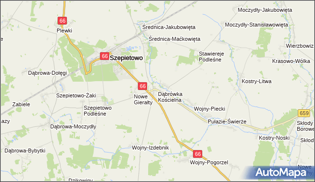 mapa Dąbrówka Kościelna gmina Szepietowo, Dąbrówka Kościelna gmina Szepietowo na mapie Targeo