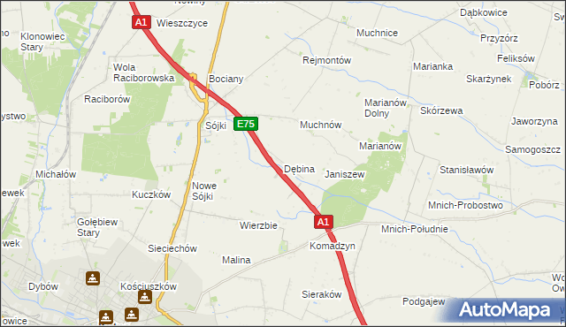 mapa Dębina gmina Strzelce, Dębina gmina Strzelce na mapie Targeo