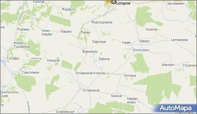 mapa Dębina gmina Uchanie, Dębina gmina Uchanie na mapie Targeo