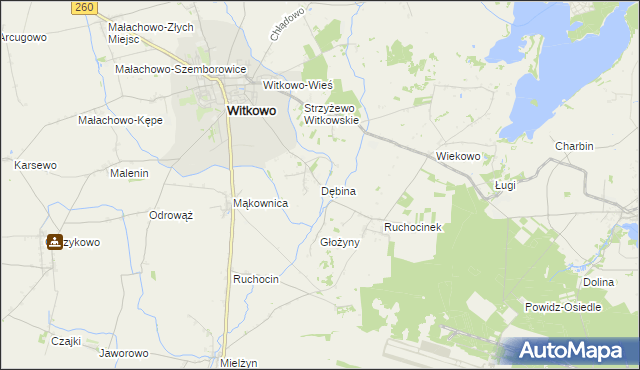 mapa Dębina gmina Witkowo, Dębina gmina Witkowo na mapie Targeo