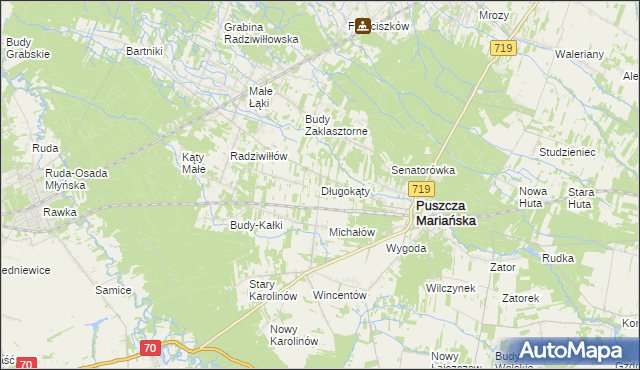 mapa Długokąty gmina Puszcza Mariańska, Długokąty gmina Puszcza Mariańska na mapie Targeo
