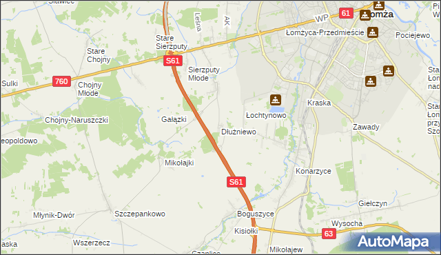 mapa Dłużniewo gmina Łomża, Dłużniewo gmina Łomża na mapie Targeo