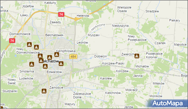 mapa Dobiecin gmina Bełchatów, Dobiecin gmina Bełchatów na mapie Targeo