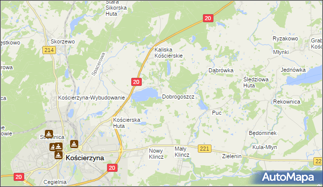 mapa Dobrogoszcz gmina Kościerzyna, Dobrogoszcz gmina Kościerzyna na mapie Targeo