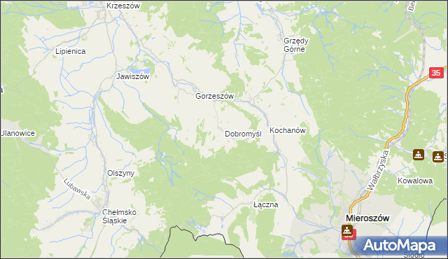 mapa Dobromyśl gmina Kamienna Góra, Dobromyśl gmina Kamienna Góra na mapie Targeo