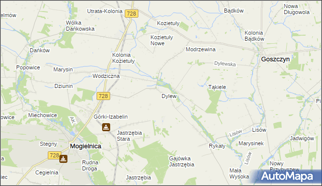 mapa Dylew gmina Mogielnica, Dylew gmina Mogielnica na mapie Targeo