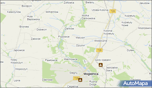 mapa Dziunin gmina Mogielnica, Dziunin gmina Mogielnica na mapie Targeo