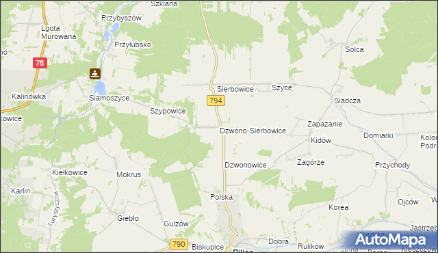 mapa Dzwono-Sierbowice, Dzwono-Sierbowice na mapie Targeo