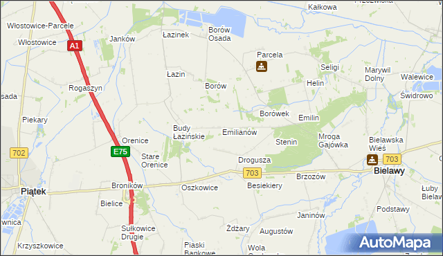 mapa Emilianów gmina Bielawy, Emilianów gmina Bielawy na mapie Targeo