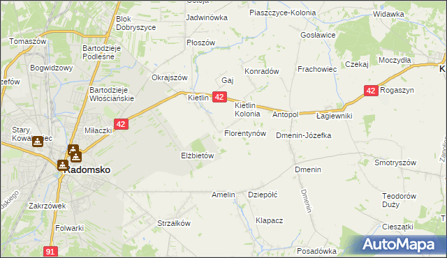 mapa Florentynów gmina Kodrąb, Florentynów gmina Kodrąb na mapie Targeo