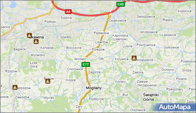 mapa Gaj gmina Mogilany, Gaj gmina Mogilany na mapie Targeo