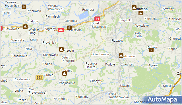 mapa Gołuchowice gmina Skawina, Gołuchowice gmina Skawina na mapie Targeo