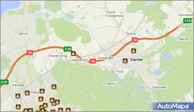 mapa Gorzebądz gmina Sianów, Gorzebądz gmina Sianów na mapie Targeo