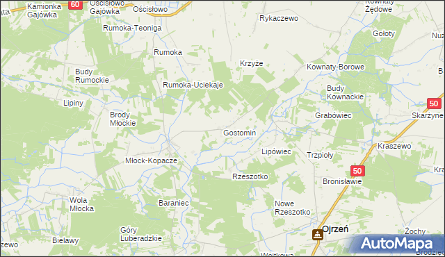 mapa Gostomin gmina Ojrzeń, Gostomin gmina Ojrzeń na mapie Targeo