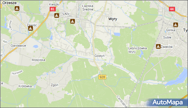 mapa Gostyń gmina Wyry, Gostyń gmina Wyry na mapie Targeo