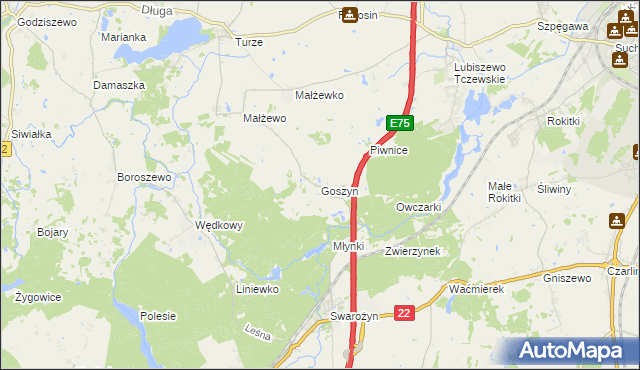 mapa Goszyn gmina Tczew, Goszyn gmina Tczew na mapie Targeo