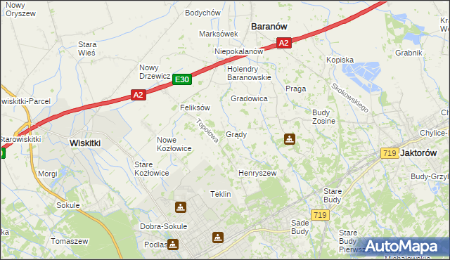 mapa Grądy gmina Jaktorów, Grądy gmina Jaktorów na mapie Targeo