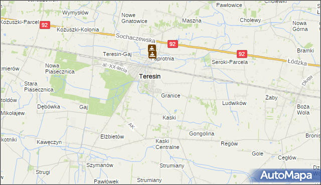 mapa Granice gmina Teresin, Granice gmina Teresin na mapie Targeo