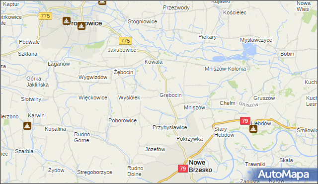 mapa Grębocin gmina Nowe Brzesko, Grębocin gmina Nowe Brzesko na mapie Targeo