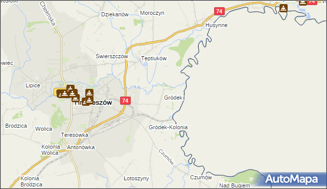 mapa Gródek gmina Hrubieszów, Gródek gmina Hrubieszów na mapie Targeo